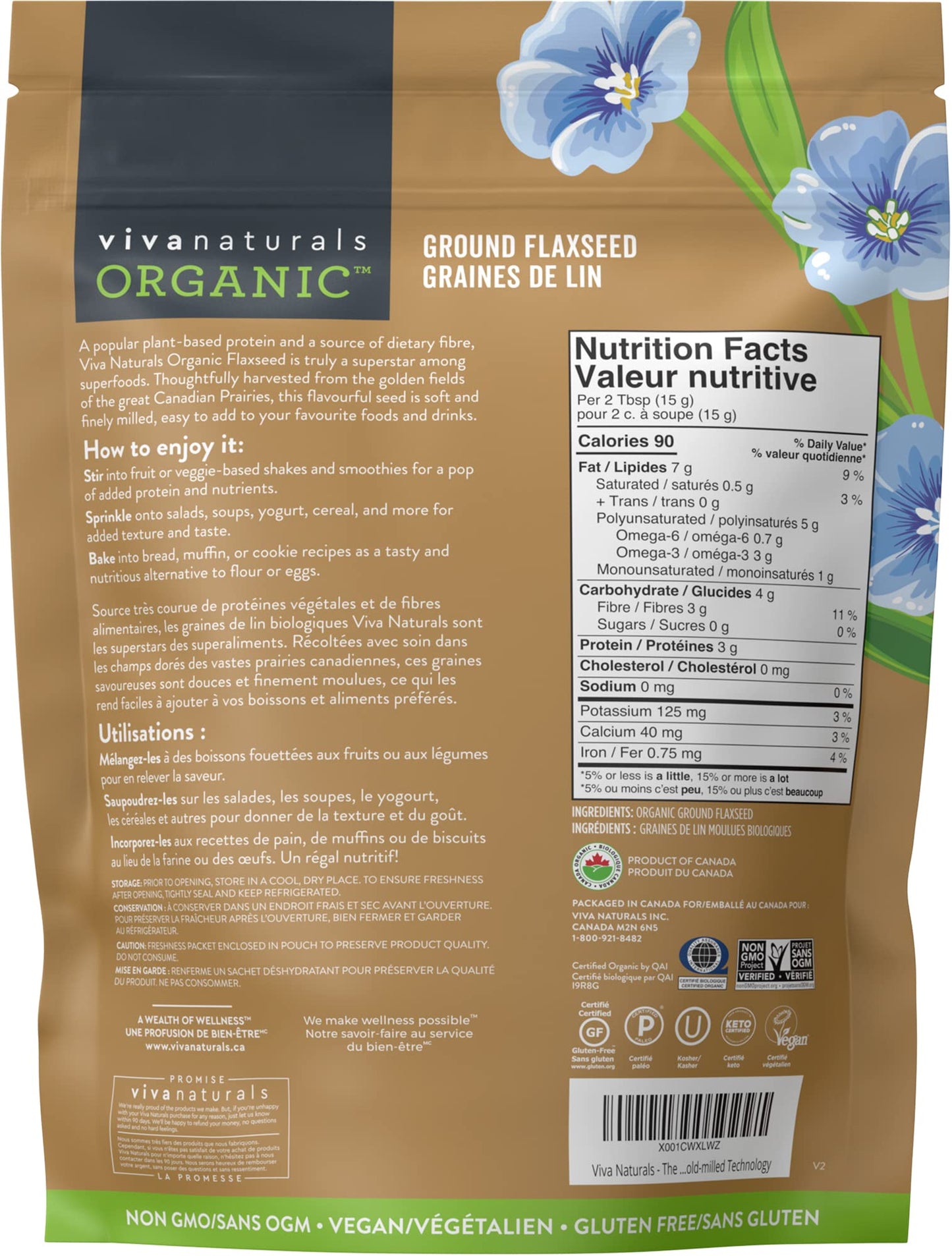 Organic Ground Flax Seed - Premium Quality Plant-Based Protein and Vegan Omega 3 with Fiber, Gluten Free, Perfect for Smoothies, Finely Milled Flaxseed 425 g (15 oz)