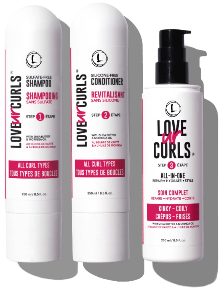 LUS Brands Love Ur Curls for Curly Hair, 3-Step System - Shampoo and Conditioner Set with All-in-One Styler - Made in Canada -750 ml (Pack of 1)