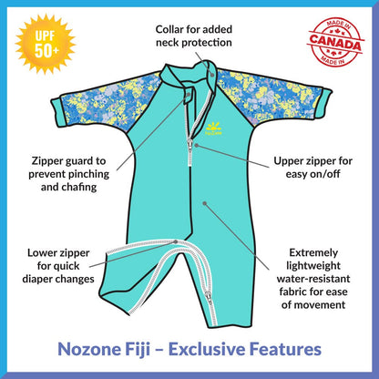 Nozone Fiji Sun Protective Baby Swimsuit, Double Zipper, UPF 50+ 6-12 Months Aquatic/Blue