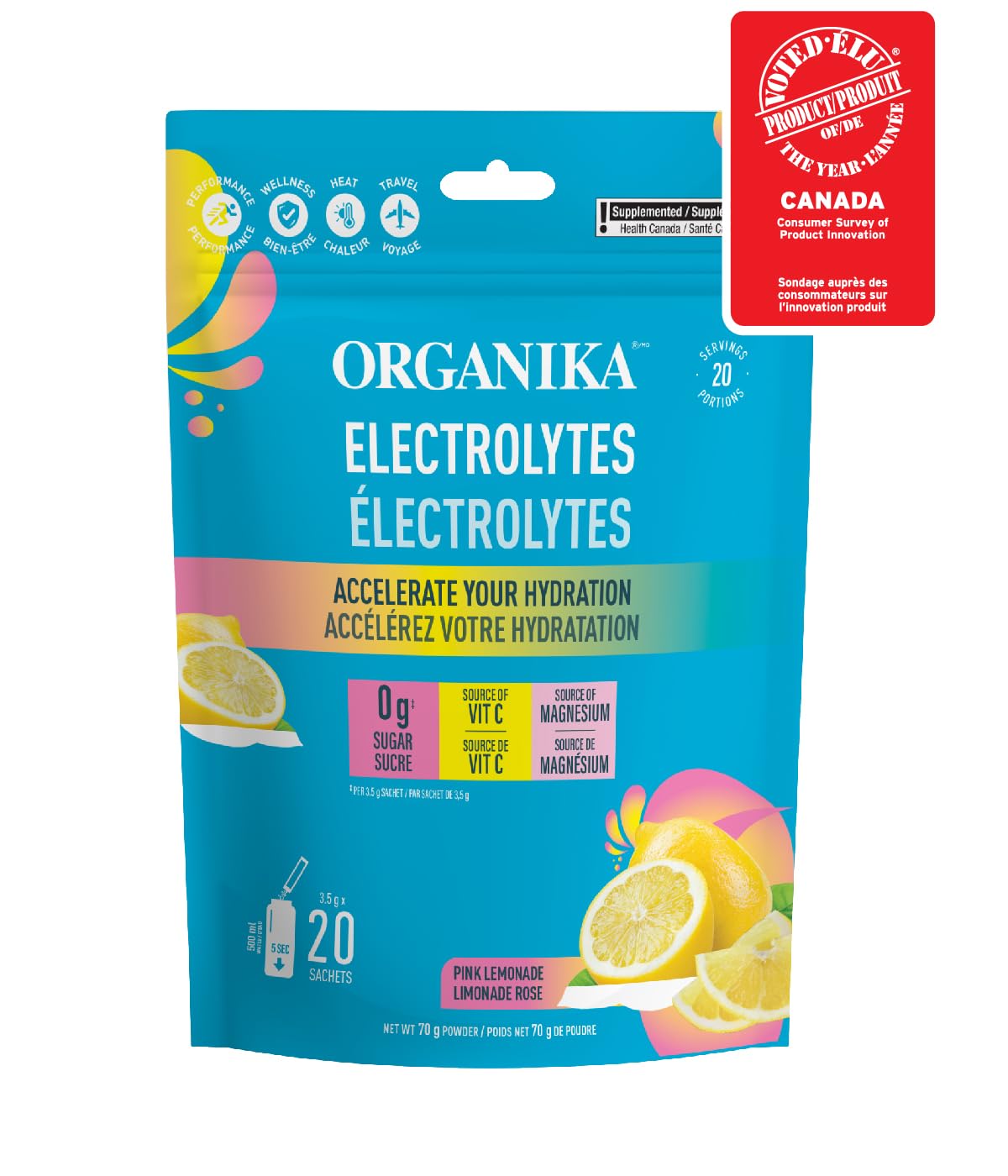 Organika Electrolytes Powder- Pink Lemonade Sachets- On the Go Hydration (Pack of 20)