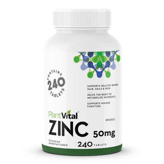 PlantVital Zinc Supplements 50mg - 50mg - Made in Canada - 240 Zinc Tablets