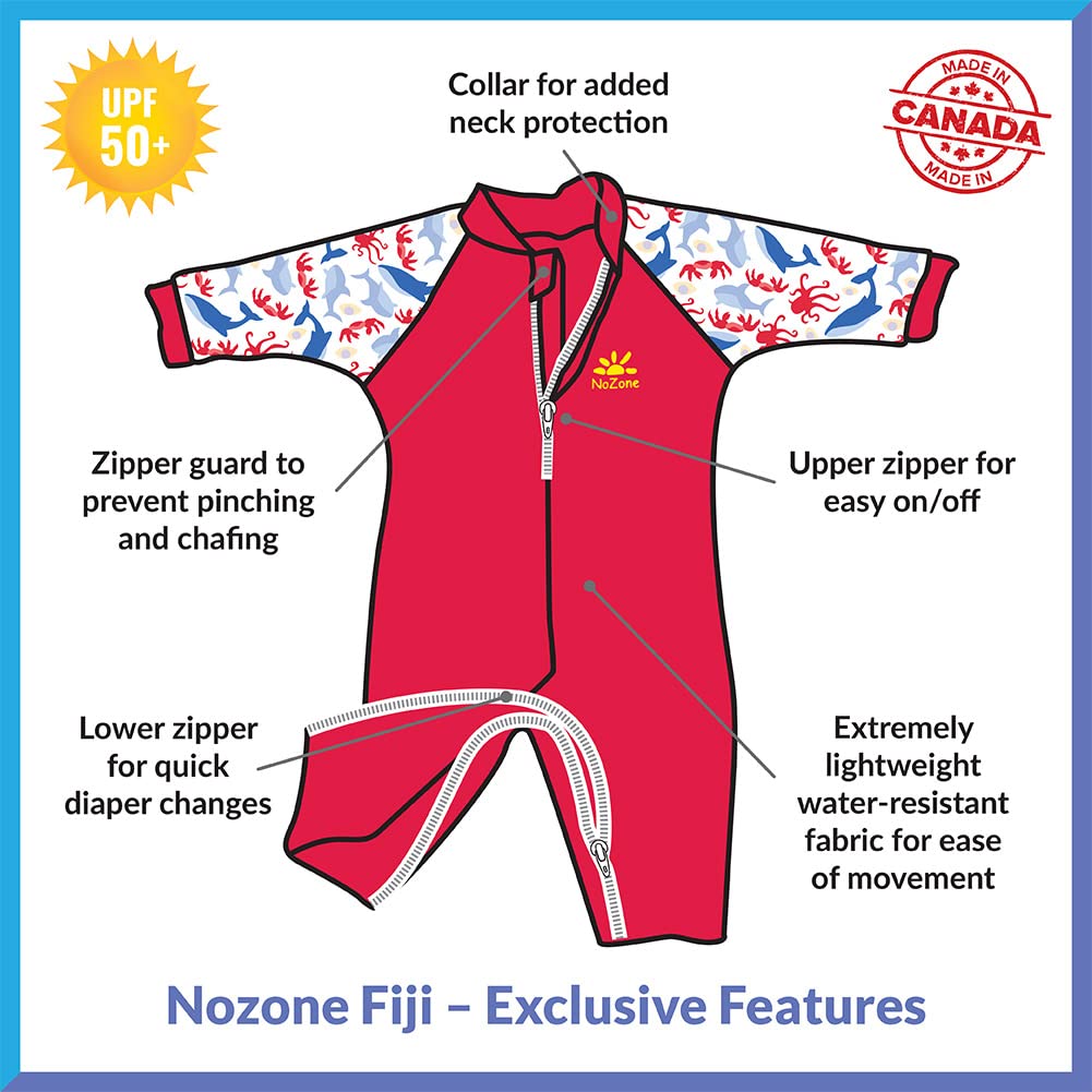 Nozone Fiji Sun Protective Baby Swimsuit, Double Zipper, UPF 50+ 6-12 Months Aquatic/Blue