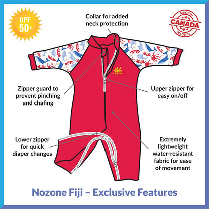 Nozone Fiji Sun Protective Baby Swimsuit, Double Zipper, UPF 50+ 6-12 Months Aquatic/Blue