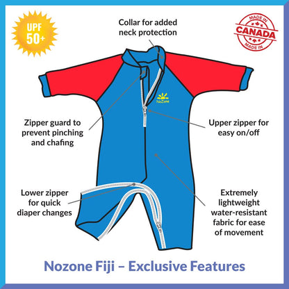 Nozone Fiji Sun Protective Baby Swimsuit, Double Zipper, UPF 50+ 6-12 Months Aquatic/Blue