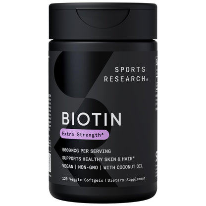 Sports Research Extra Strength Vegan Biotin 5000mcg with Organic Coconut Oil 120 count (Pack of 1)