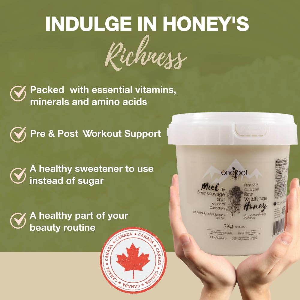 ONEROOT Raw Honey Unpasteurized | Boreal Forest Raw Wildflower Honey | Creamed Honey 100% Farmed & Packed in Canada | (3kg)