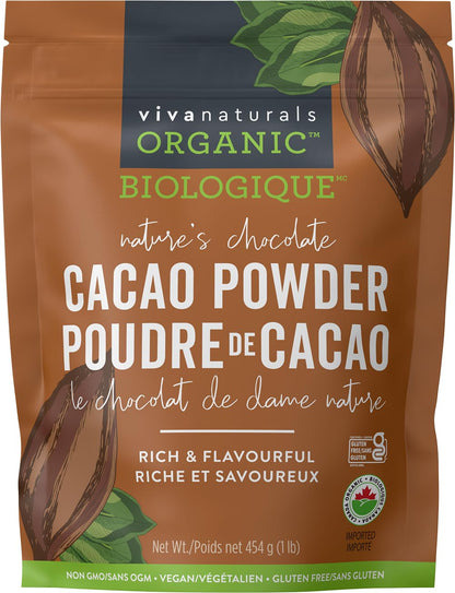 Viva Naturals Organic Cacao Powder, 1lb - Unsweetened Cocoa Powder w/ Rich Dark Chocolate Flavour - Certified Vegan, Keto & Paleo, Gluten-Free & Non-GMO, 454g (Pack of 1)