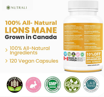 New Nutrali MAXIMUM POTENCY Lions Mane Supplement Extract Capsules – 1500mg per Serving - Canadian Grown