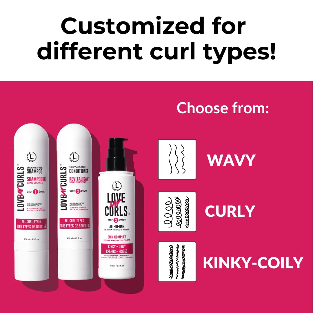 LUS Brands Love Ur Curls for Curly Hair, 3-Step System - Shampoo and Conditioner Set with All-in-One Styler - Made in Canada -750 ml (Pack of 1)