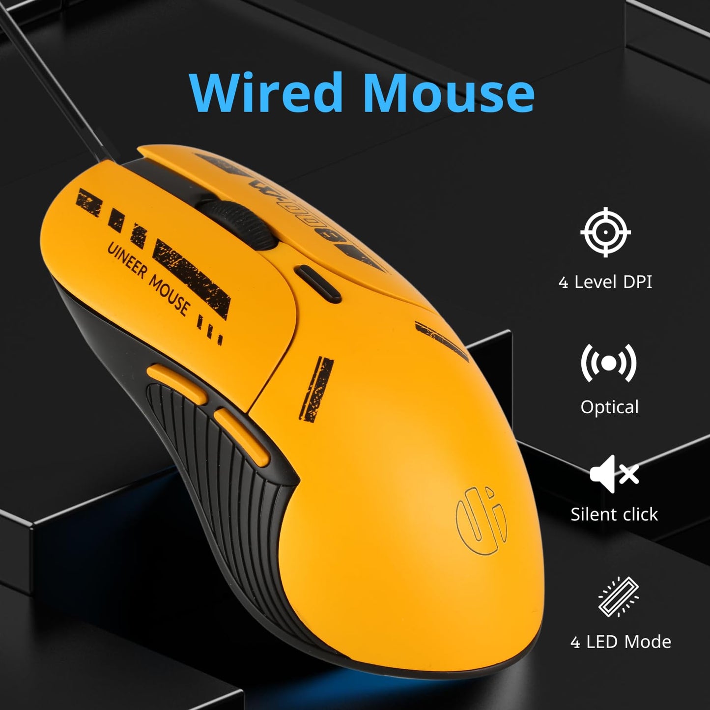 Uineer Wired Mouse with Silent Click, 4800DPI Adjustable and 6 Buttons, Ergonomic Design, Optimised Optical USB Cable Mouse for PC Laptop Computer (Black) black