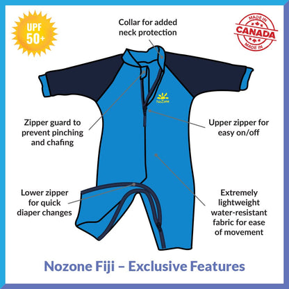 Nozone Fiji Sun Protective Baby Swimsuit, Double Zipper, UPF 50+ 6-12 Months Aquatic/Blue