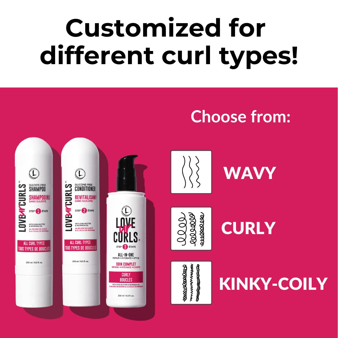 LUS Brands Love Ur Curls for Curly Hair, 3-Step System - Shampoo and Conditioner Set with All-in-One Styler - Made in Canada -750 ml (Pack of 1)