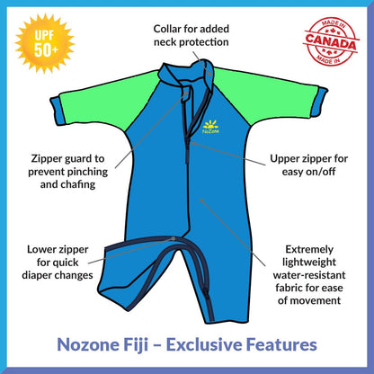 Nozone Fiji Sun Protective Baby Swimsuit, Double Zipper, UPF 50+ 6-12 Months Aquatic/Blue