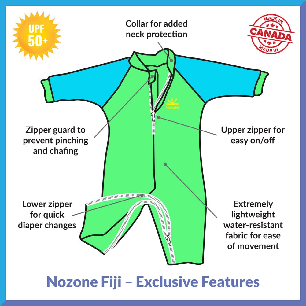 Nozone Fiji Sun Protective Baby Swimsuit, Double Zipper, UPF 50+ 6-12 Months Aquatic/Blue