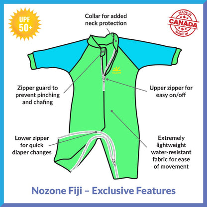 Nozone Fiji Sun Protective Baby Swimsuit, Double Zipper, UPF 50+ 6-12 Months Aquatic/Blue