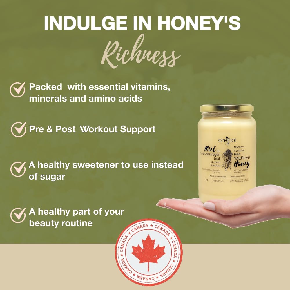 ONEROOT Raw Honey| Boreal Forest Raw Wildflower Honey | Creamed Honey 100% Farmed & Packed in Canada | Raw Unfiltered Honey (1kg)