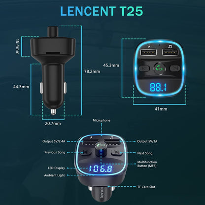 LENCENT FM Transmitter, Bluetooth FM Transmitter Wireless Radio Adapter Car Kit with Dual USB Charging Car Charger