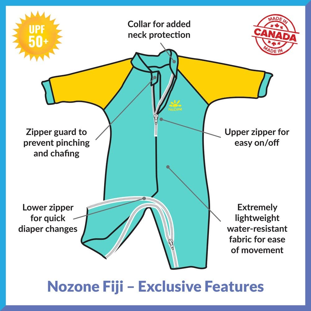 Nozone Fiji Sun Protective Baby Swimsuit, Double Zipper, UPF 50+ 6-12 Months Aquatic/Blue