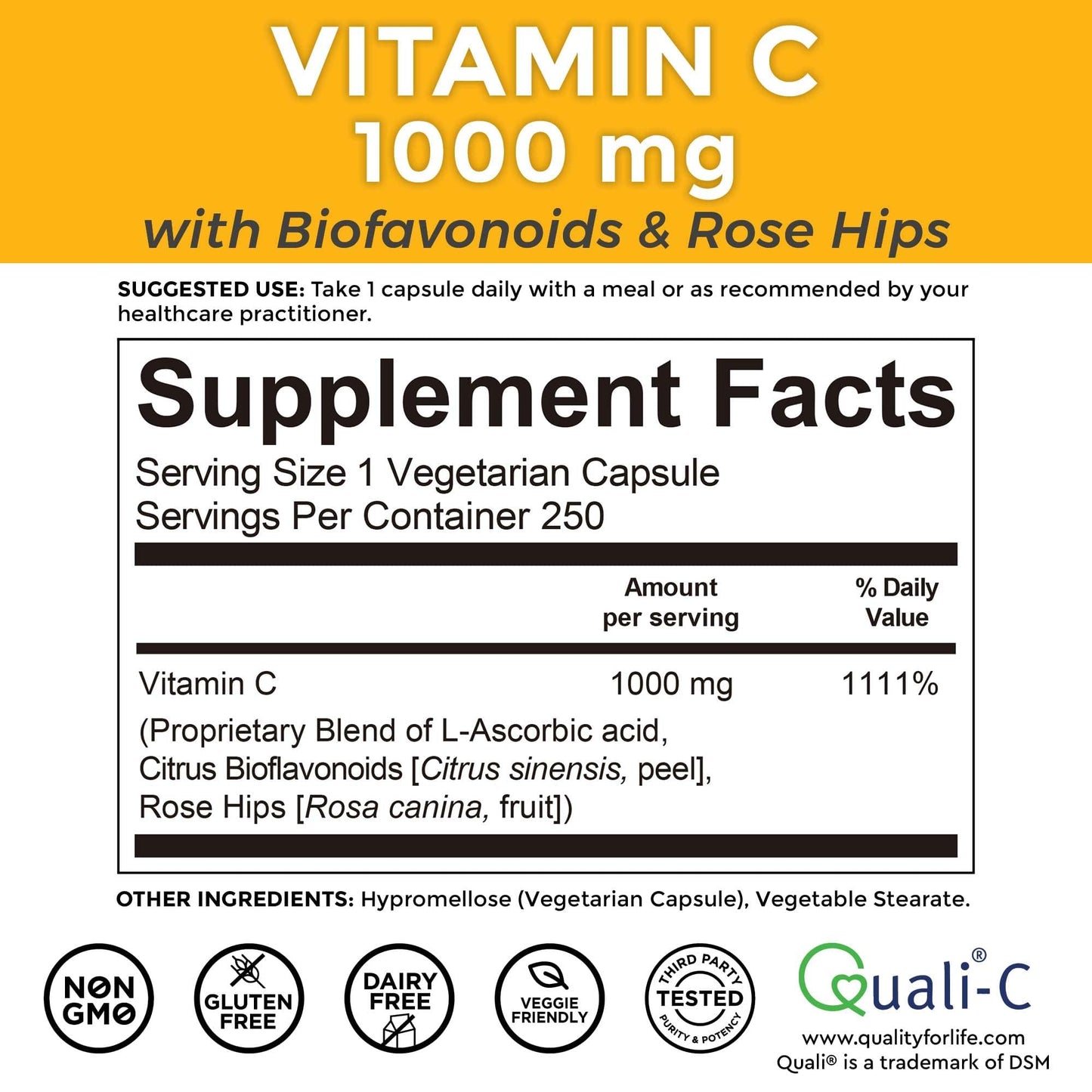 Vitamin C 1000mg with Bioflavonoids and Rose Hips - Non-GMO - Supports Healthy Bones and Teeth, 250 Veggie Capsules