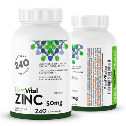 PlantVital Zinc Supplements 50mg - 50mg - Made in Canada - 240 Zinc Tablets