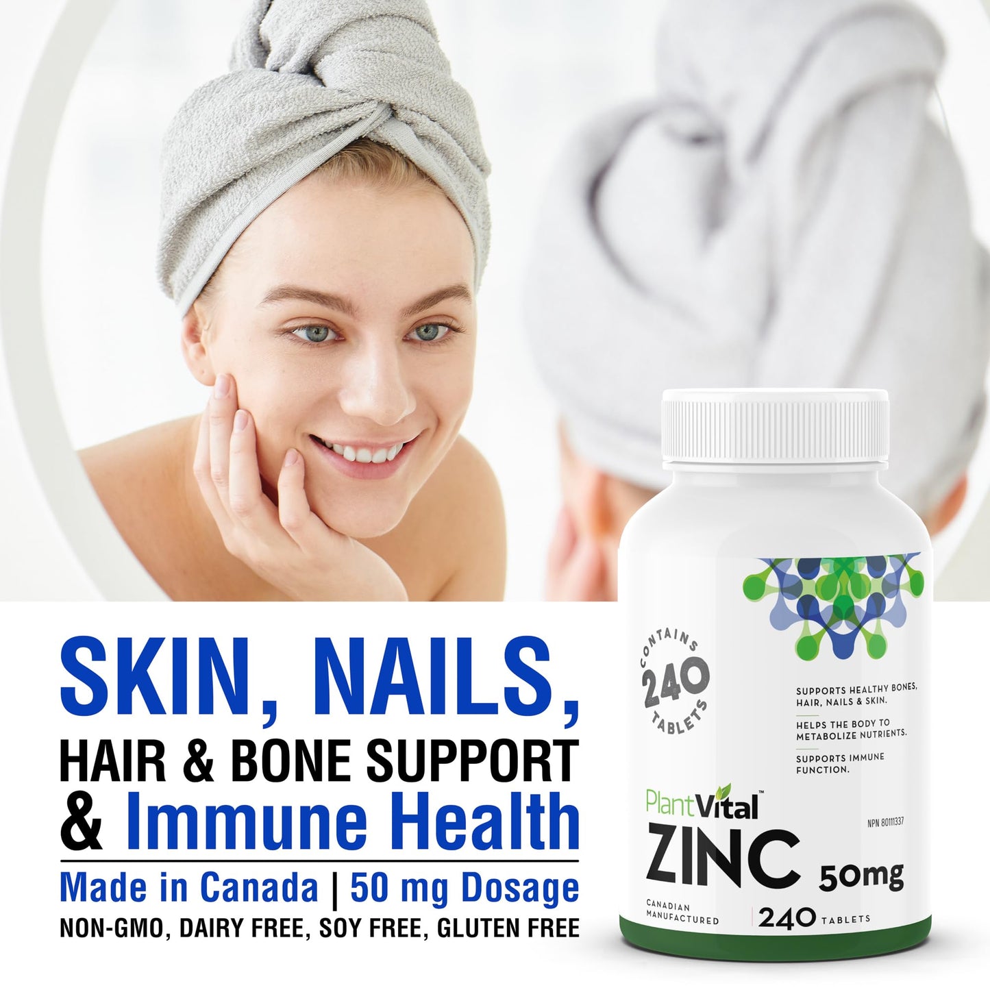 PlantVital Zinc Supplements 50mg - 50mg - Made in Canada - 240 Zinc Tablets