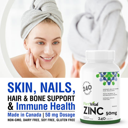 PlantVital Zinc Supplements 50mg - 50mg - Made in Canada - 240 Zinc Tablets