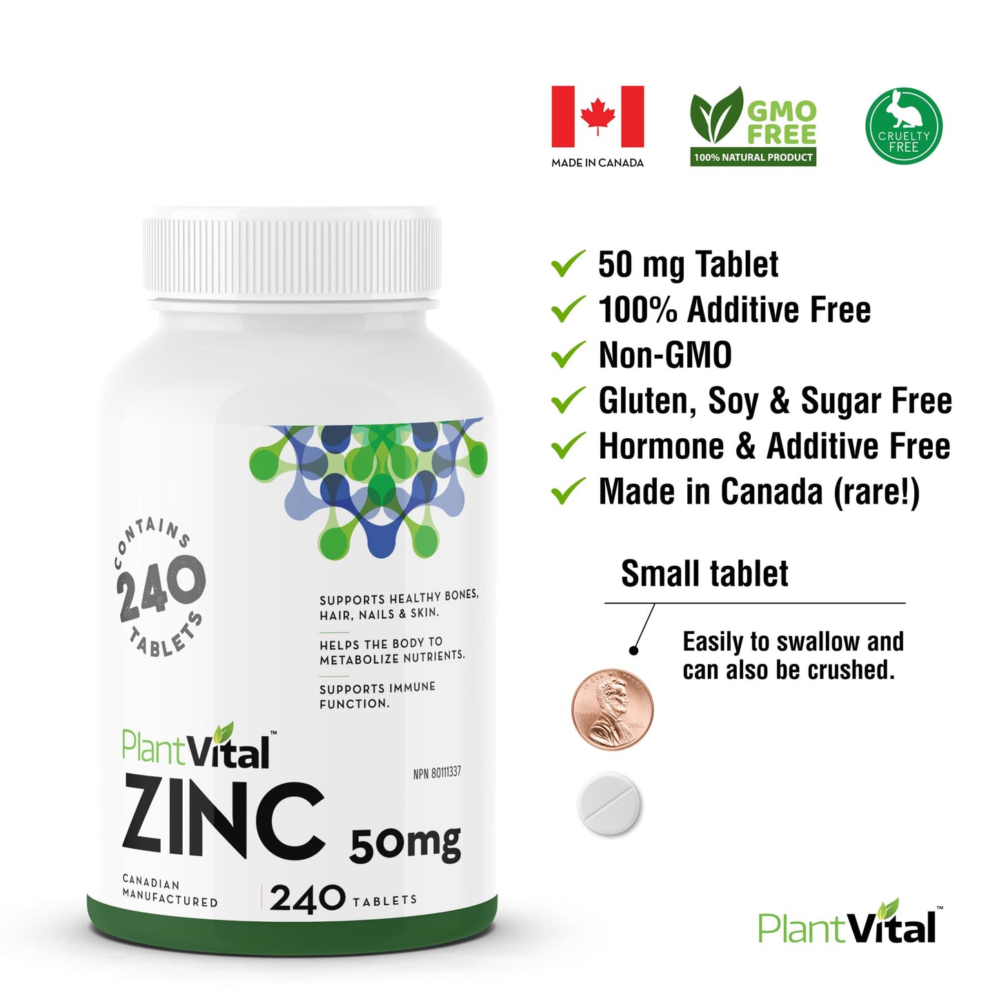 PlantVital Zinc Supplements 50mg - 50mg - Made in Canada - 240 Zinc Tablets