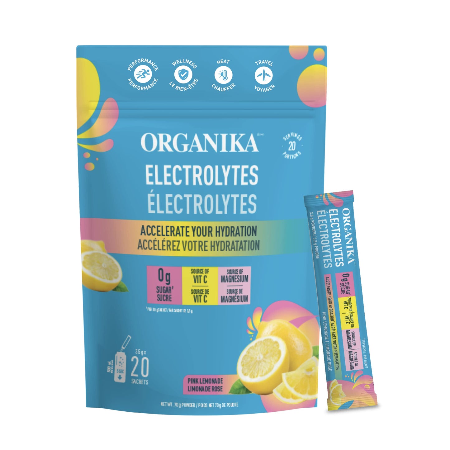 Organika Electrolytes Powder- Pink Lemonade Sachets- On the Go Hydration (Pack of 20)