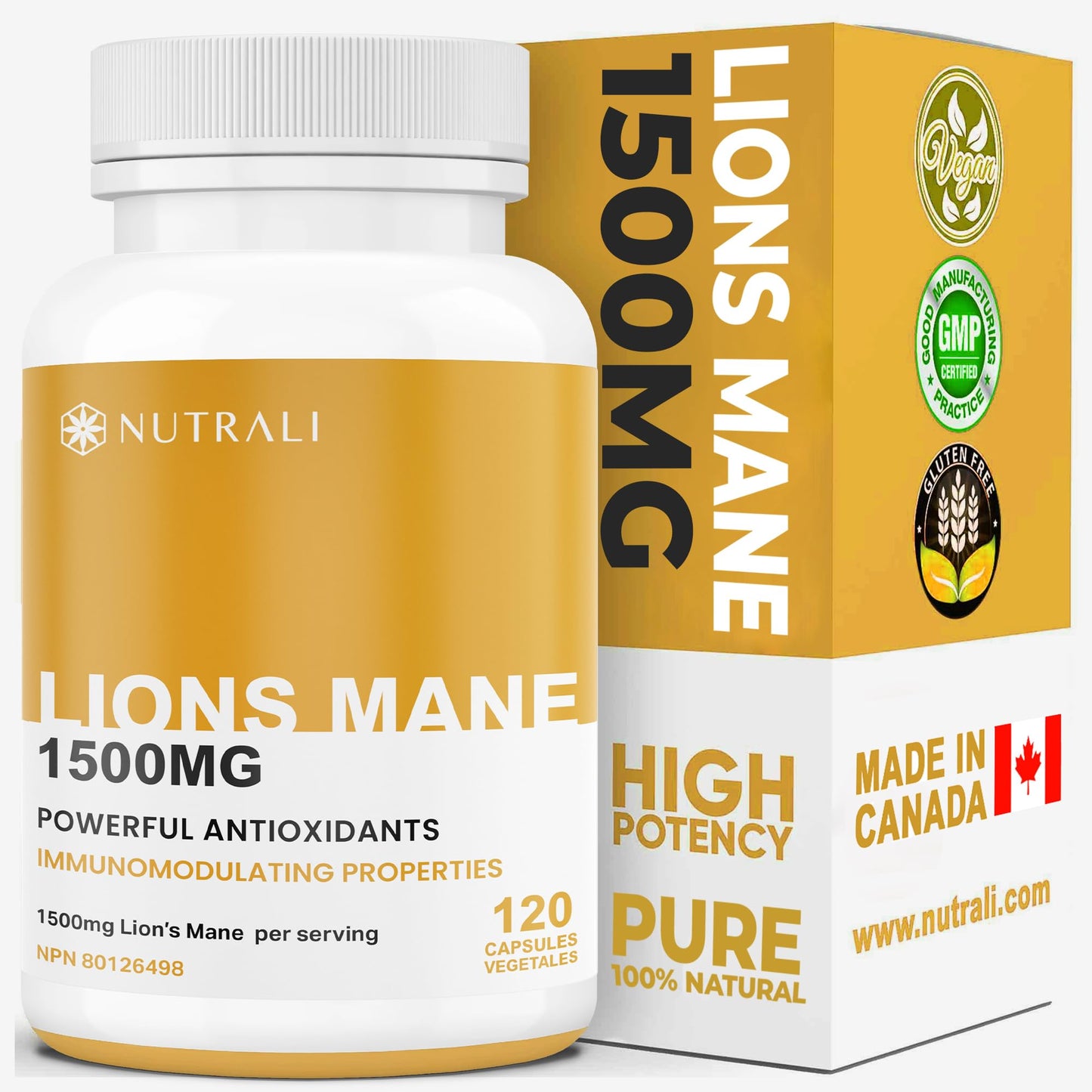 New Nutrali MAXIMUM POTENCY Lions Mane Supplement Extract Capsules – 1500mg per Serving - Canadian Grown