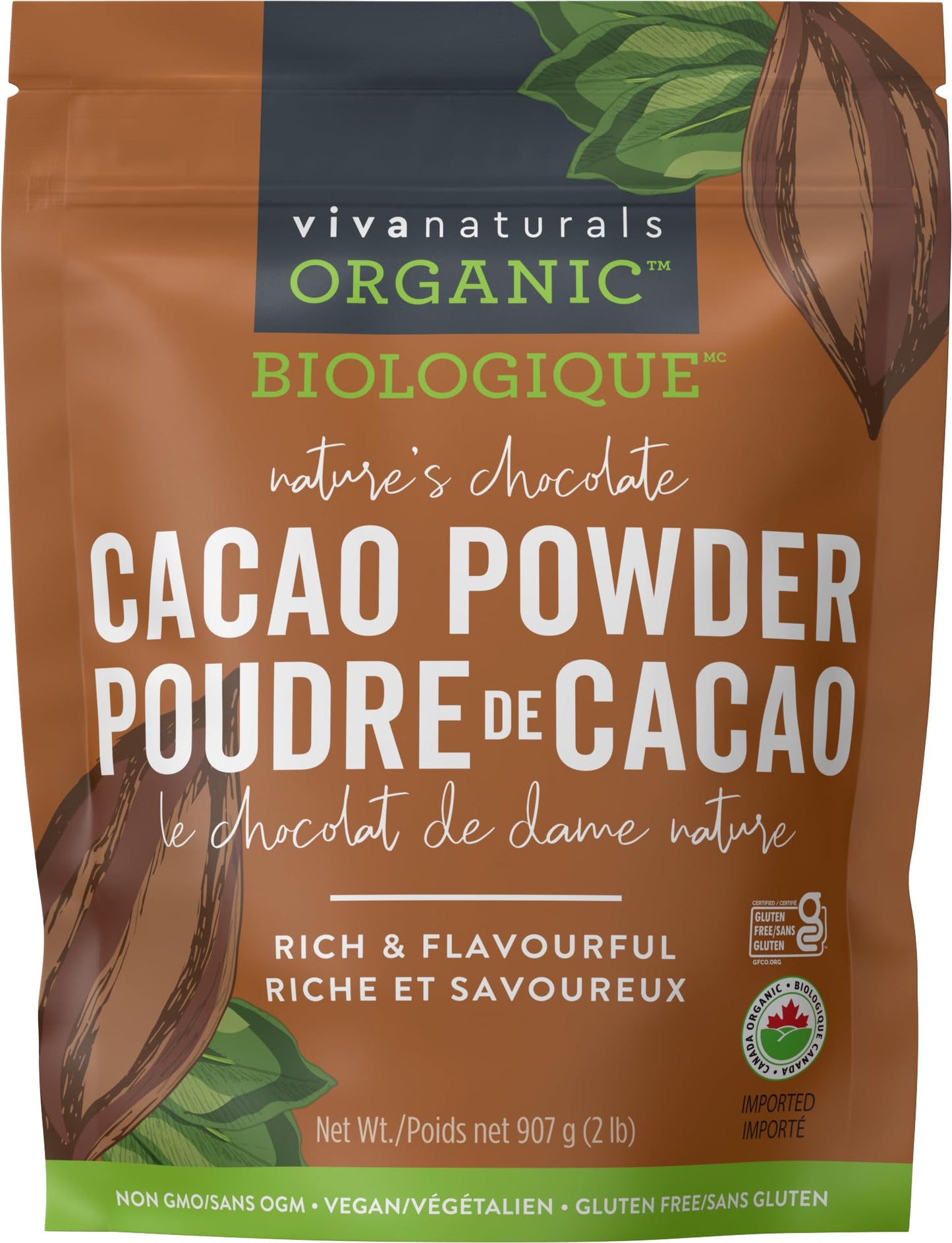 Viva Naturals Organic Cacao Powder, 1lb - Unsweetened Cocoa Powder w/ Rich Dark Chocolate Flavour - Certified Vegan, Keto & Paleo, Gluten-Free & Non-GMO, 454g (Pack of 1)