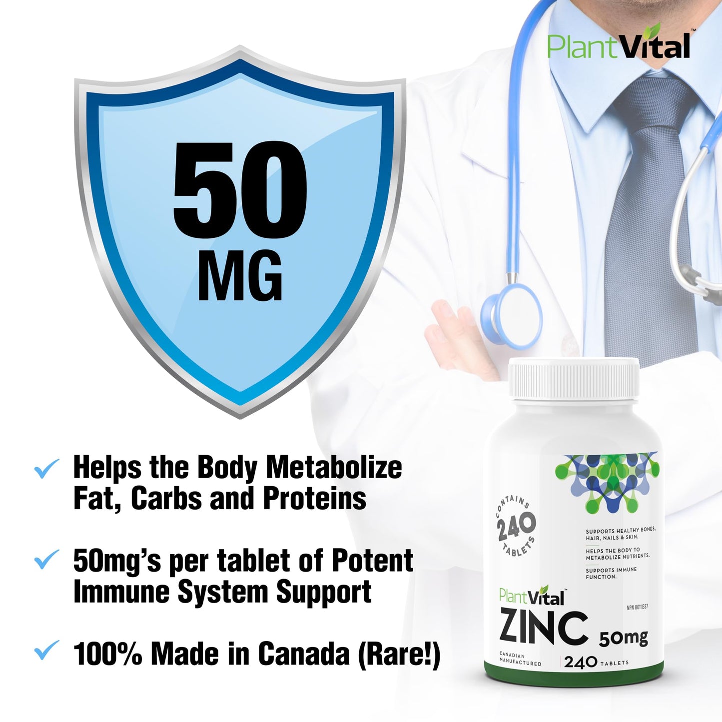 PlantVital Zinc Supplements 50mg - 50mg - Made in Canada - 240 Zinc Tablets