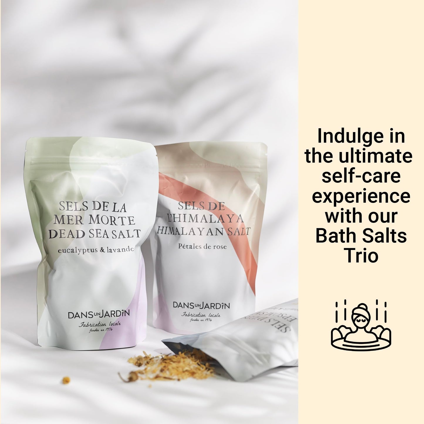 DANS UN JARDIN Trio Bath Salts - Made in Canada - Lavender, Eucalyptus, and Chamomile - Kälm, Rose Petals & Good Night - 3x400 gram