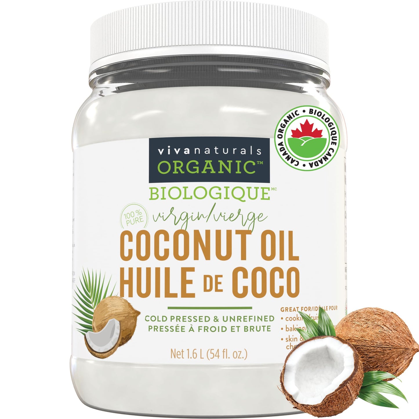 Virgin Coconut Oil, 54 fl oz - Non-GMO, Cold-Pressed and Unrefined Coconut Oil Organic Certified - Natural Flavour Coconut Oil for Cooking and Baking 1.6 l (Pack of 1)