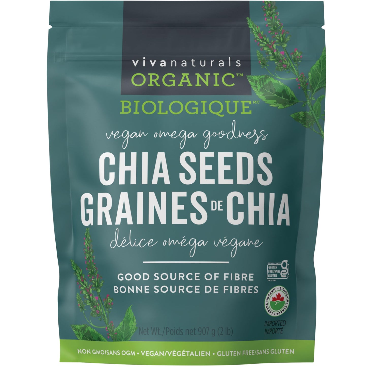 Viva Naturals Organic Chia Seeds 2 LBs - Plant-Based Omega-3 and Vegan Protein, Non-GMO Organic Chia Seeds - Black Chia Seeds Bulk