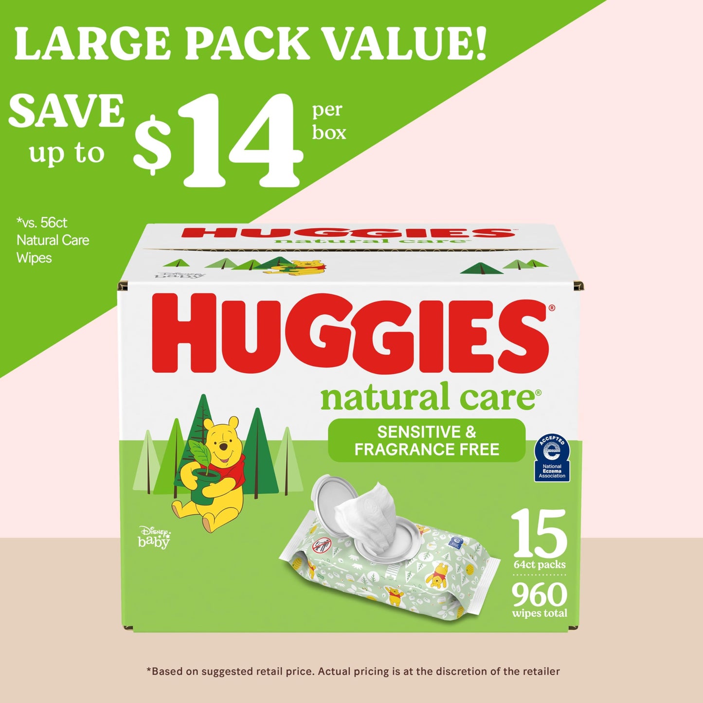 Huggies Natural Care Sensitive Baby Wipes, Unscented, Hypoallergenic, 99% Purified Water, 15 Flip-Top Packs