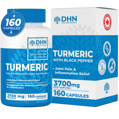 160 Capsules of High Potency Turmeric Curcumin + Black Pepper. 3700mg per serving Canadian Made