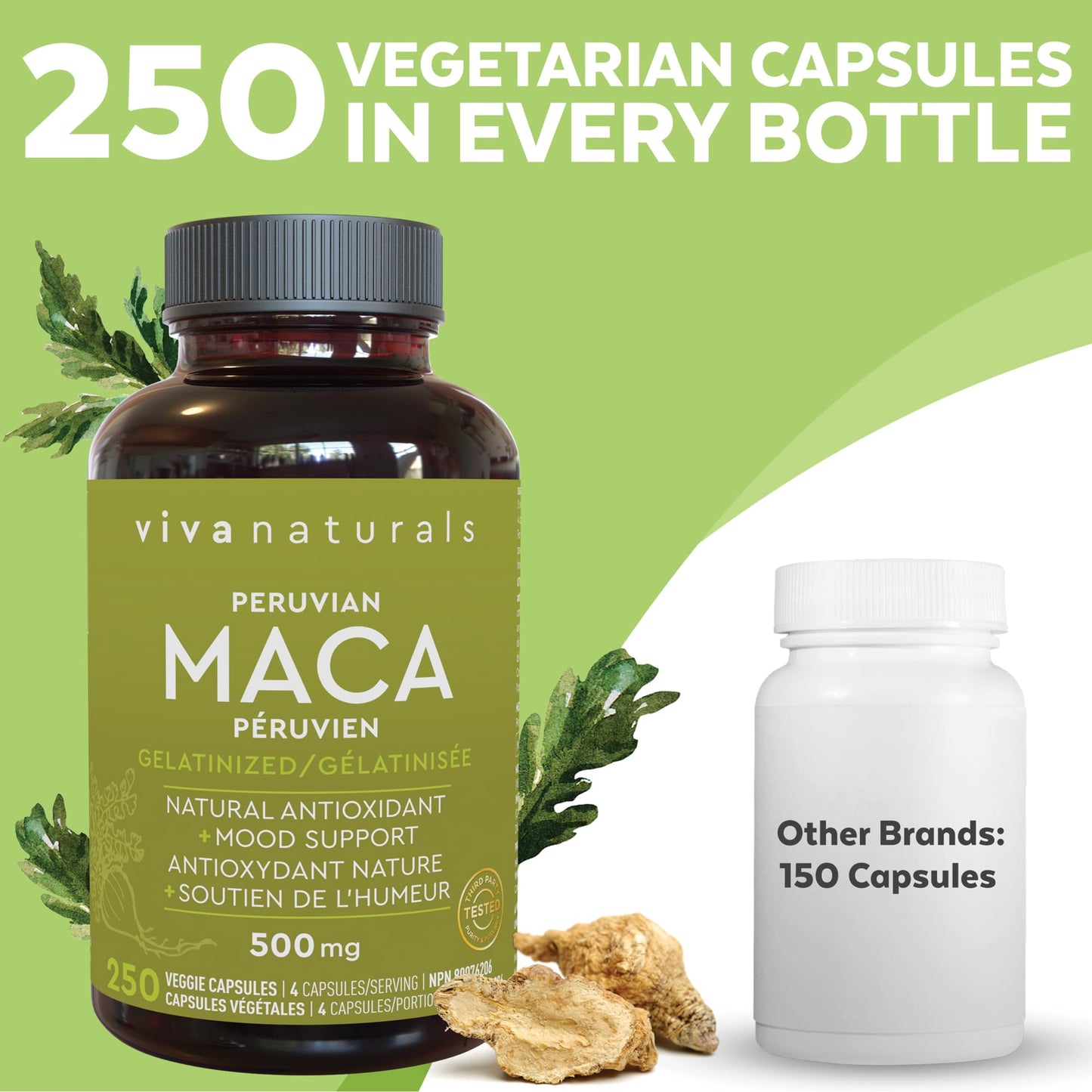 Maca Root Powder Capsules - 500 mg Pure, Gelatinized Yellow Peruvian Maca per Capsule, Provides Antioxidants and Supports Healthy Mood, 250 Veggie Capsules