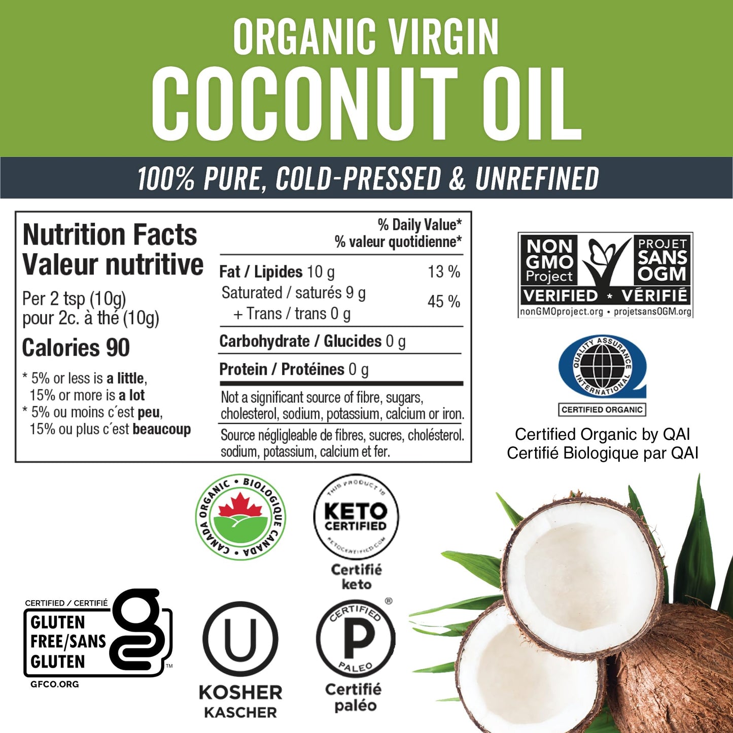 Virgin Coconut Oil, 54 fl oz - Non-GMO, Cold-Pressed and Unrefined Coconut Oil Organic Certified - Natural Flavour Coconut Oil for Cooking and Baking 1.6 l (Pack of 1)