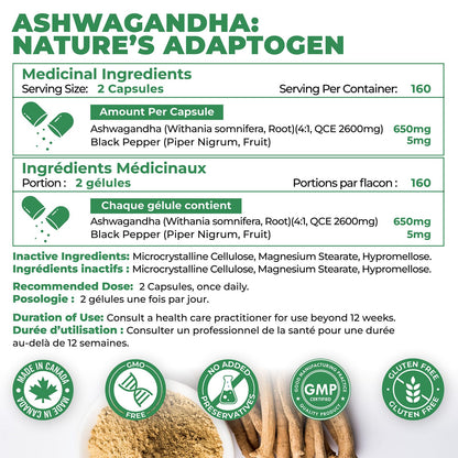 160 Concentrated Ashwagandha Root Capsules with Black Pepper | 5200mg per serving | Canadian Made