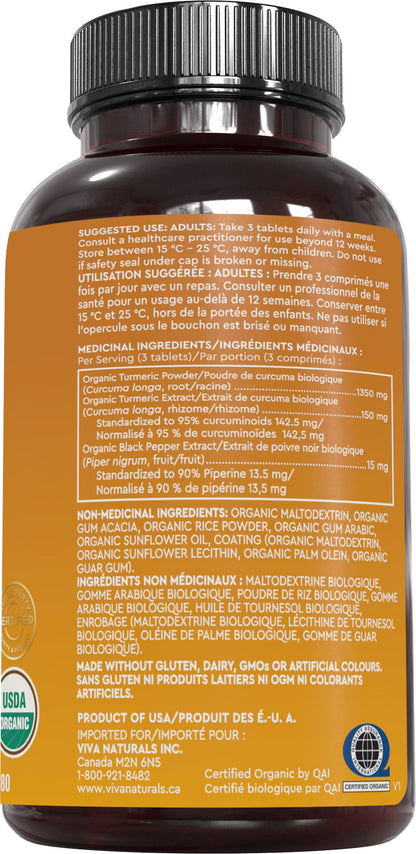 Viva Naturals Organic Turmeric Curcumin with Organic Black Pepper, 1500mg Organic Turmeric with 150 mg Standardized to 95% Curcuminoids, Joint Pain Relief, 90 tablets