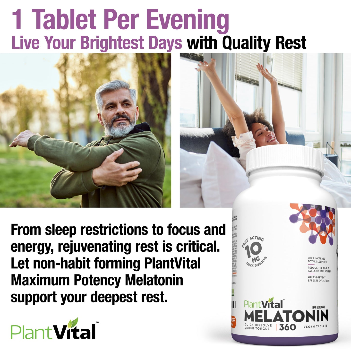 Plantvital Melatonin 10mg - Maximum Potency - Fast Dissolve Tablets - Canadian Made