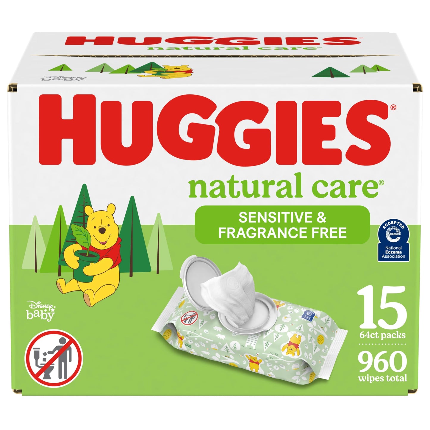 Huggies Natural Care Sensitive Baby Wipes, Unscented, Hypoallergenic, 99% Purified Water, 15 Flip-Top Packs