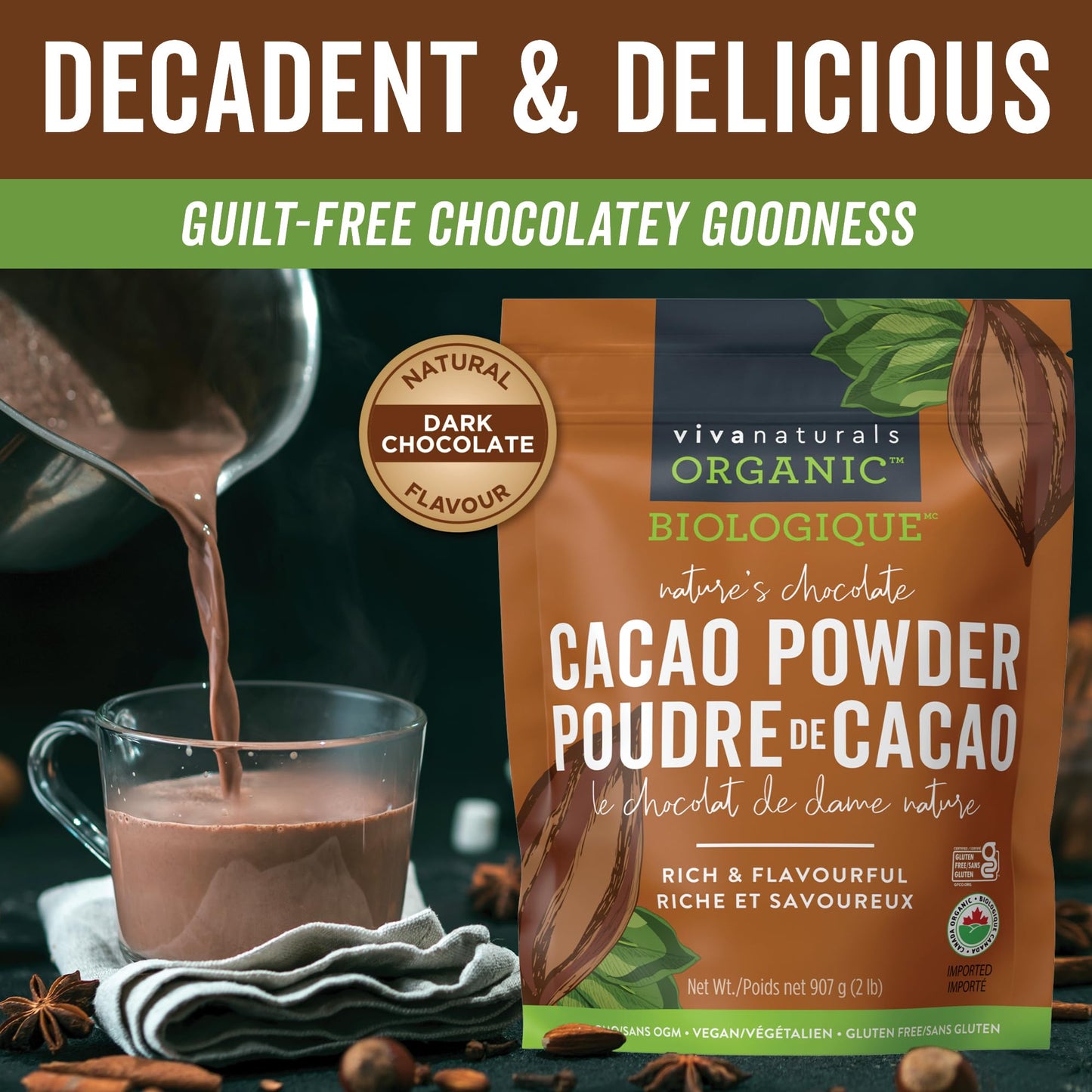 Viva Naturals Organic Cacao Powder, 1lb - Unsweetened Cocoa Powder w/ Rich Dark Chocolate Flavour - Certified Vegan, Keto & Paleo, Gluten-Free & Non-GMO, 454g (Pack of 1)