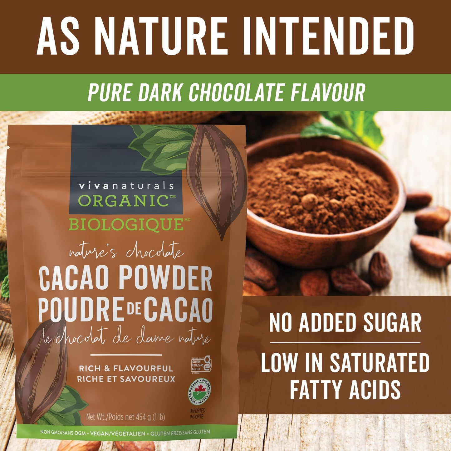 Viva Naturals Organic Cacao Powder, 1lb - Unsweetened Cocoa Powder w/ Rich Dark Chocolate Flavour - Certified Vegan, Keto & Paleo, Gluten-Free & Non-GMO, 454g (Pack of 1)