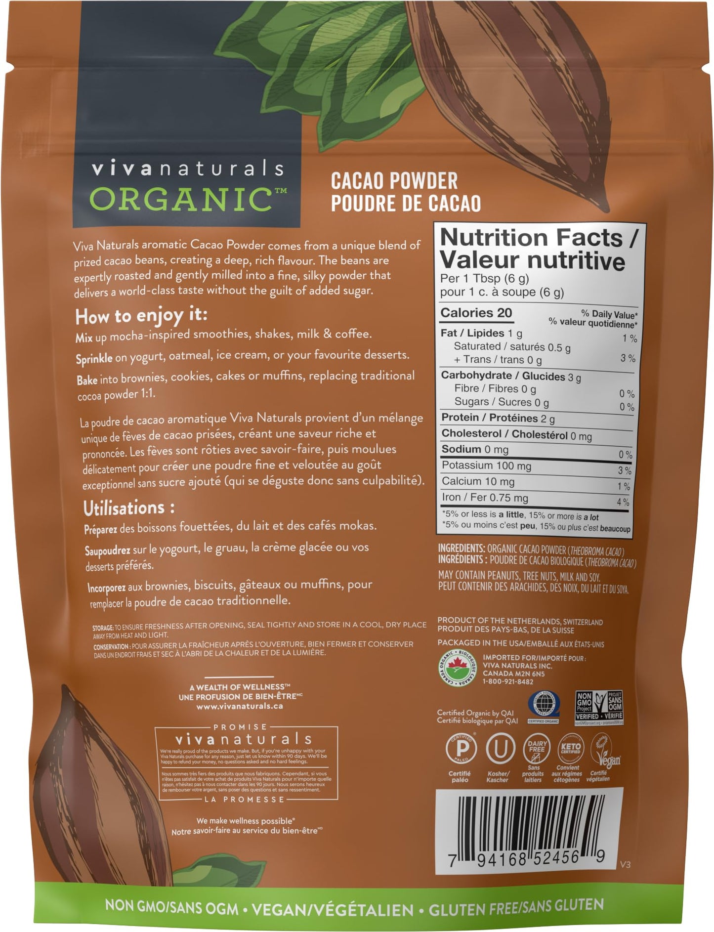 Viva Naturals Organic Cacao Powder, 1lb - Unsweetened Cocoa Powder w/ Rich Dark Chocolate Flavour - Certified Vegan, Keto & Paleo, Gluten-Free & Non-GMO, 454g (Pack of 1)