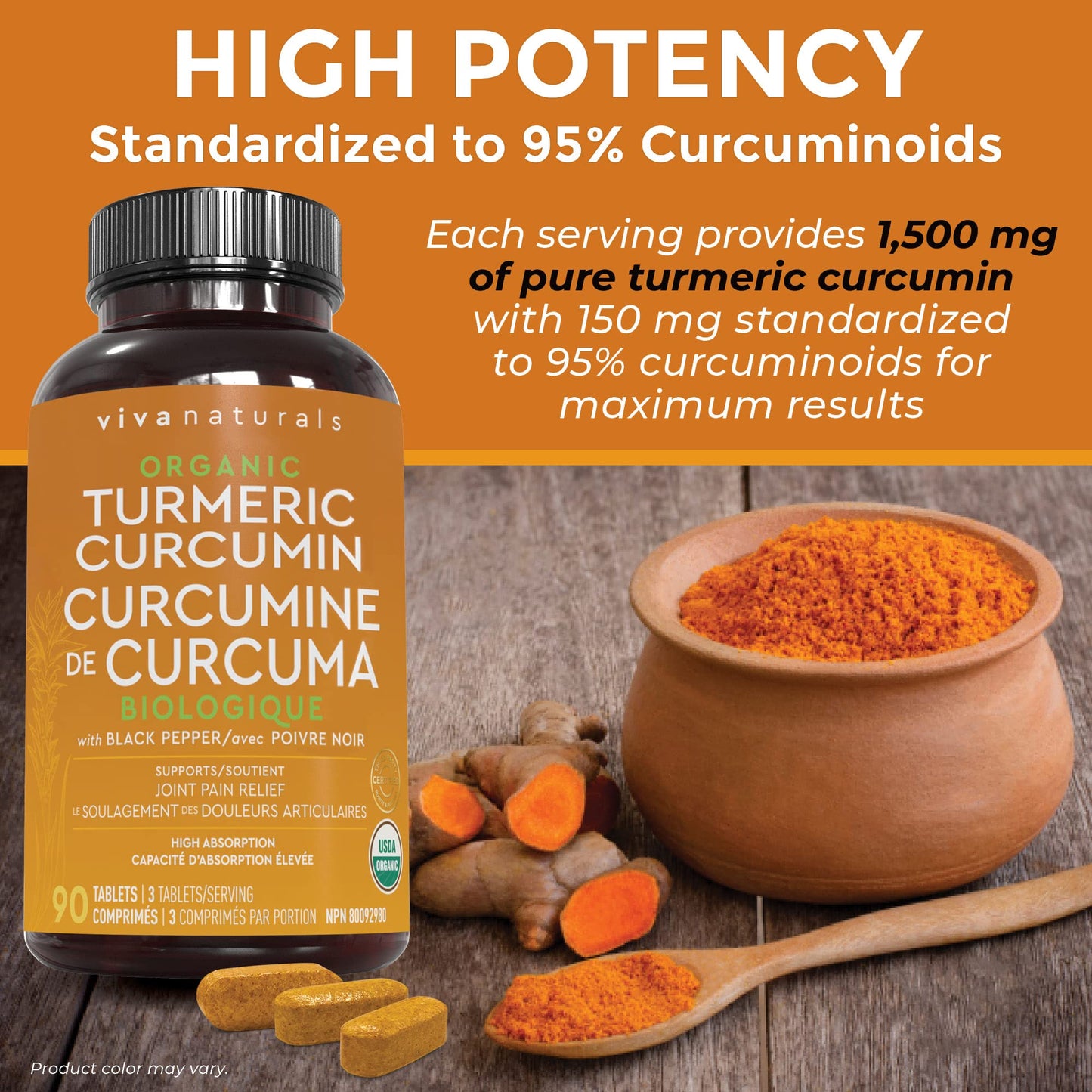 Viva Naturals Organic Turmeric Curcumin with Organic Black Pepper, 1500mg Organic Turmeric with 150 mg Standardized to 95% Curcuminoids, Joint Pain Relief, 90 tablets