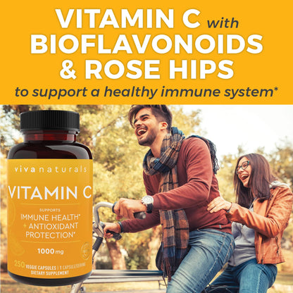 Vitamin C 1000mg with Bioflavonoids and Rose Hips - Non-GMO - Supports Healthy Bones and Teeth, 250 Veggie Capsules