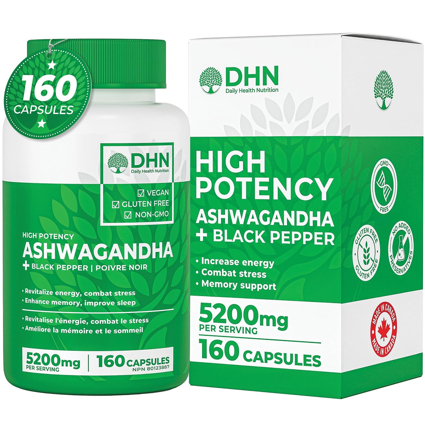 160 Concentrated Ashwagandha Root Capsules with Black Pepper | 5200mg per serving | Canadian Made