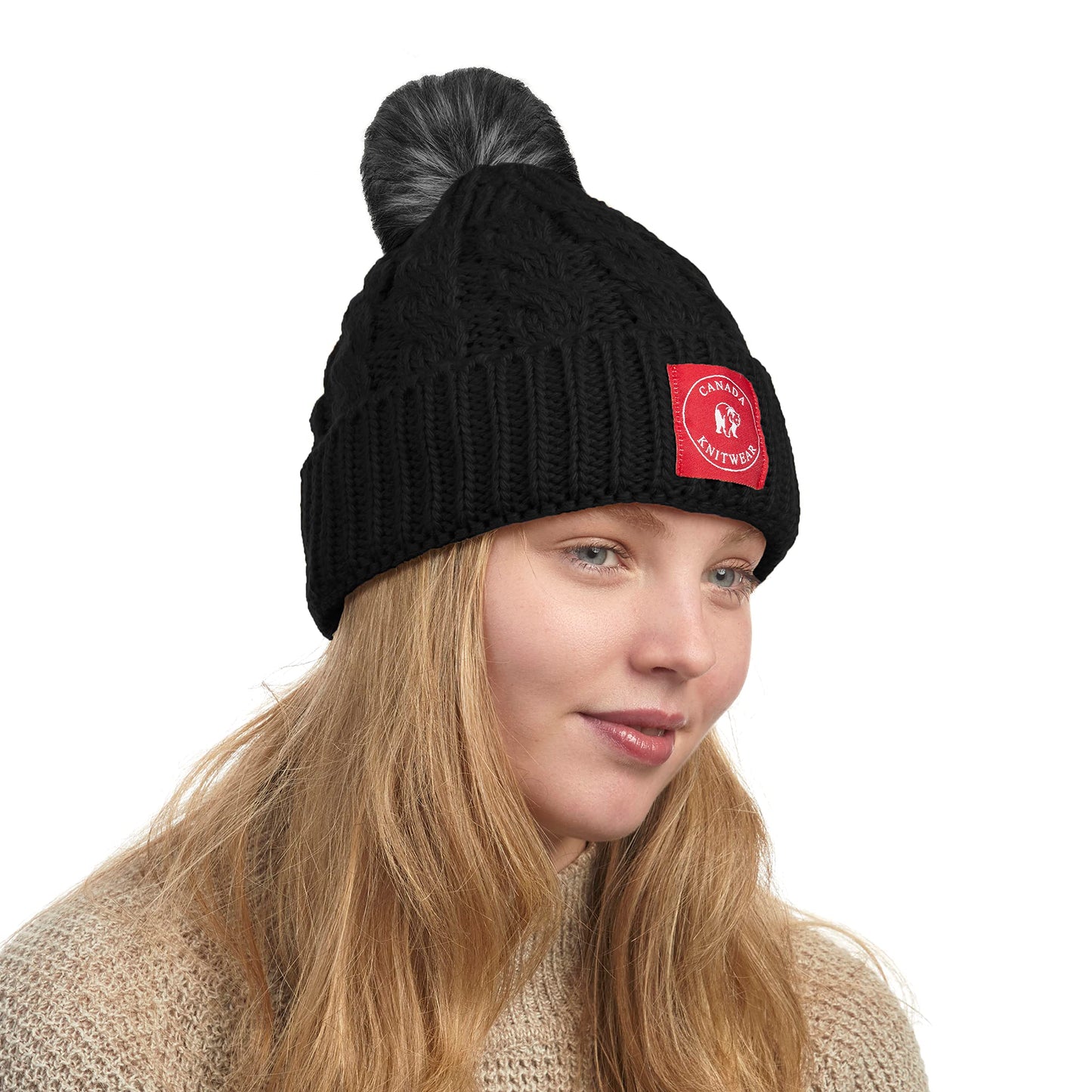 Canada Knitwear Cable Knit Pom Beanie Hat for Women Casquette Femme Faux Fur Pompom Toque/Beanie Black