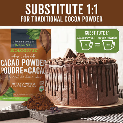 Viva Naturals Organic Cacao Powder, 1lb - Unsweetened Cocoa Powder w/ Rich Dark Chocolate Flavour - Certified Vegan, Keto & Paleo, Gluten-Free & Non-GMO, 454g (Pack of 1)